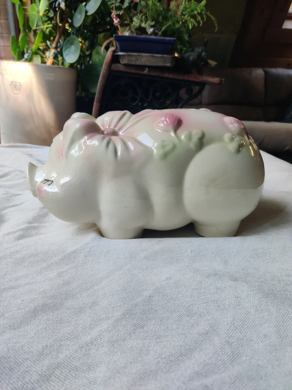 50s Large Piggy Bank Smiley Eyelashes Ribbon Lucky Shamrocks Clover Kitsch 7x13